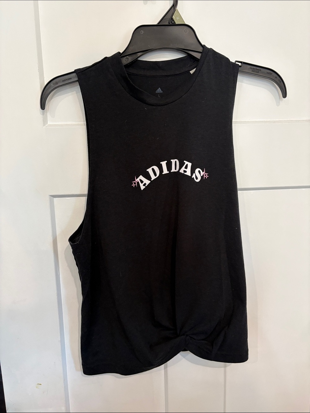 adidas Black Tank with White Logo and Pink Star Accents